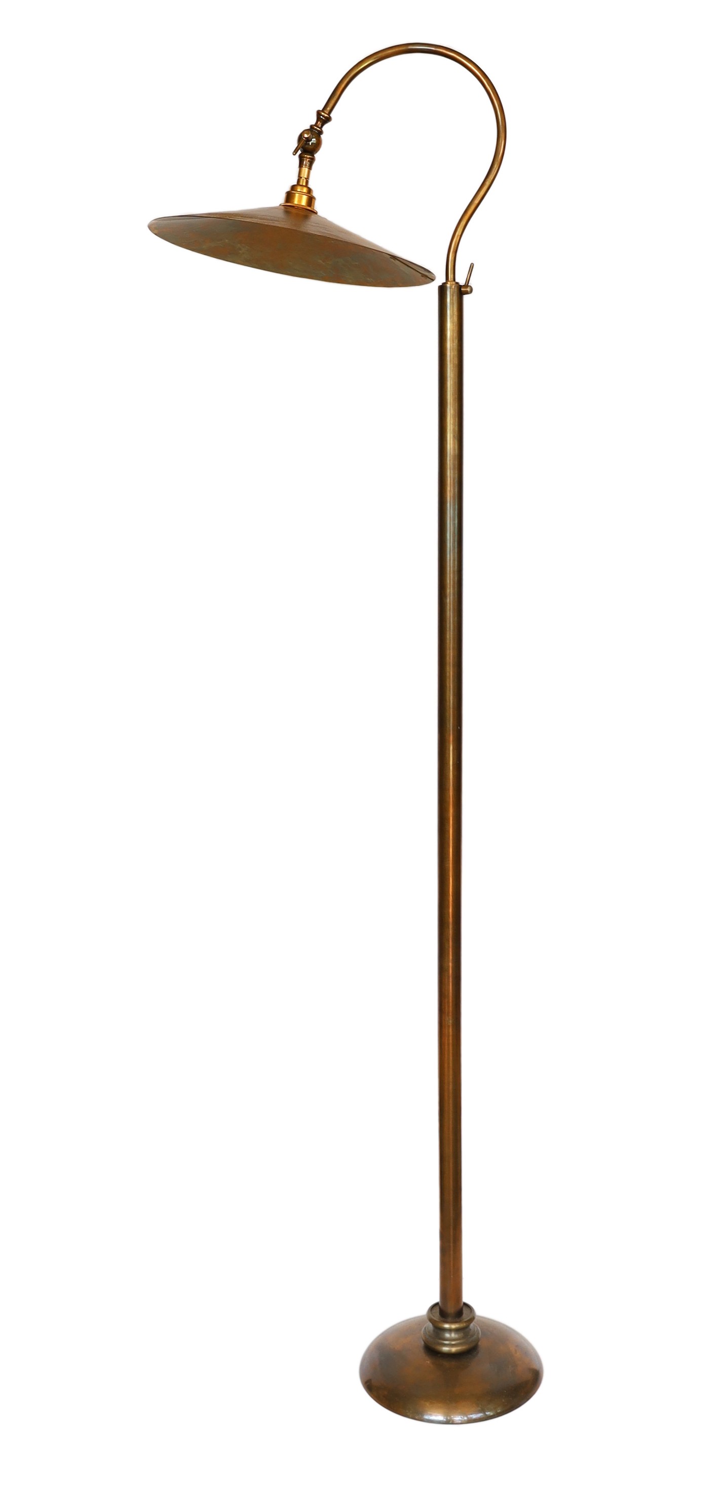 An Edwardian style bronzed metal telescopic lamp standard with adjustable shade, height 169cm